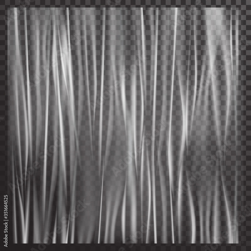 Vector vertical stretched white transparent plastic film in the style of realism.Mocap packaging film with folds and extensions in the form of an arc on a translucent background.Realistic cellophane