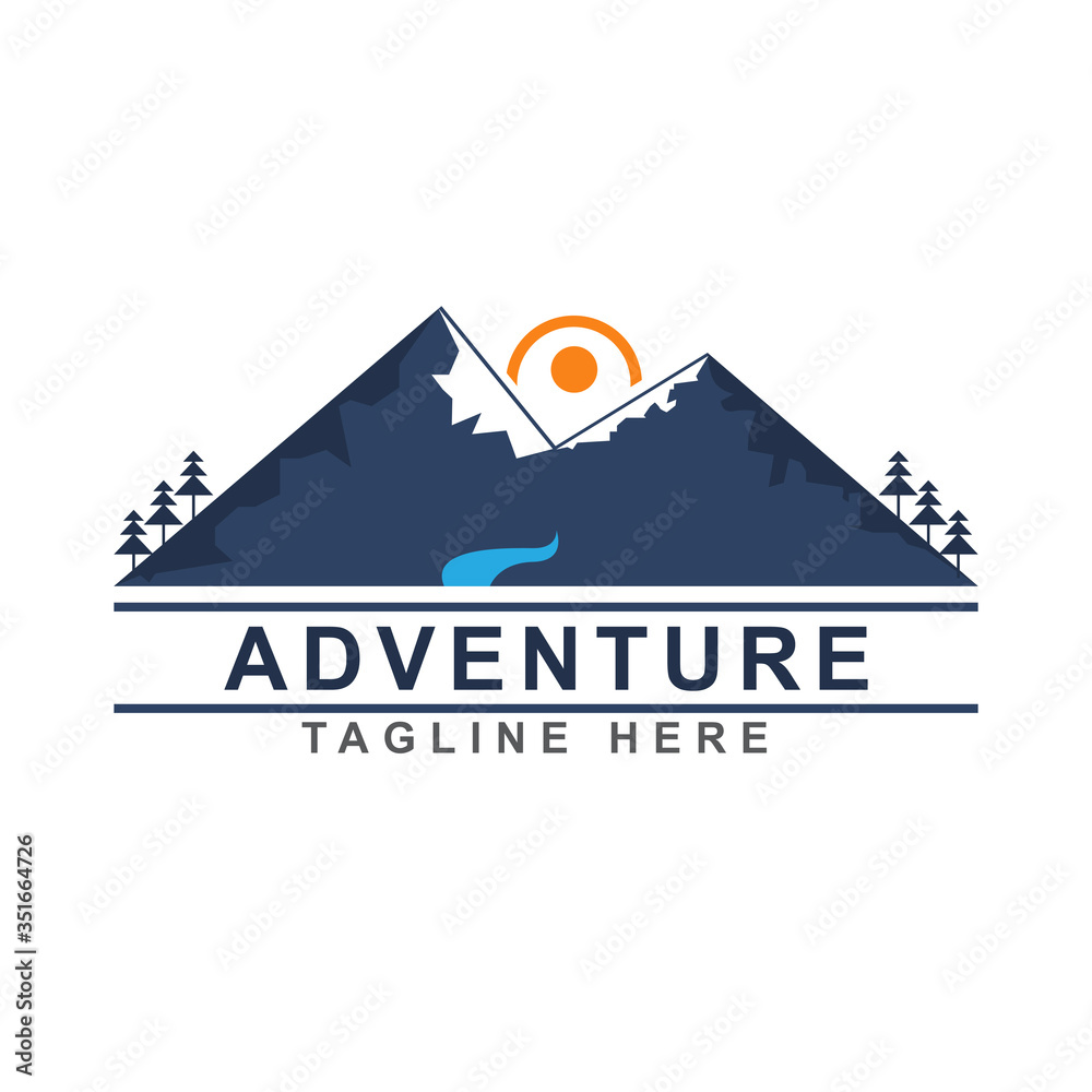 Mountain hill logo design template wit sun and river water shape illustration emblem. Symbol of view landscape nature. Vector graphic for element label expedition, extreme sport, adventure camp