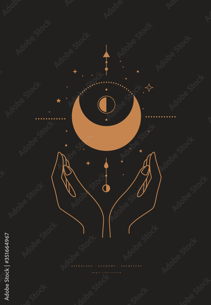 Obraz premium Magic mystical composition with crescent, stars, and hands a dark background. Boho style and esoterics. Ethnic magic and astrological symbols. Vector illustration.