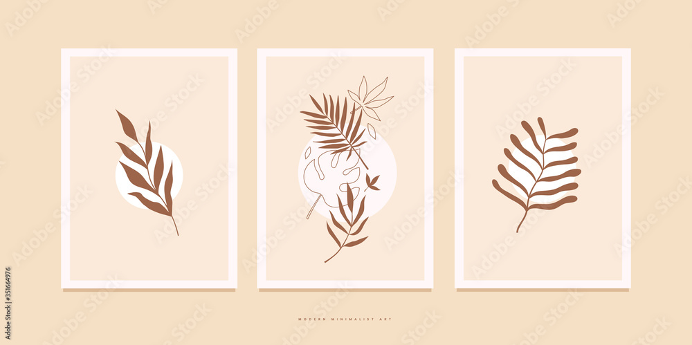Set of posters with various exotic palm leaves for home decor, greeting card designs, invitation. Botanical vector illustration on light background. Minimalistic floral image for environmental design.