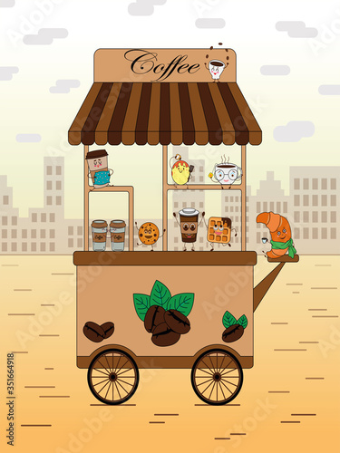 Vector illustration shows a coffee cart. On the cart funny characters. This is a croissant, cups of coffee, a cup, a waffle and cookies. They are funny because they have faces that different emotions.