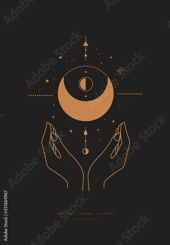 Magic mystical composition with crescent, stars, and hands a dark background. Boho style and esoterics. Ethnic magic and astrological symbols. Vector illustration.
