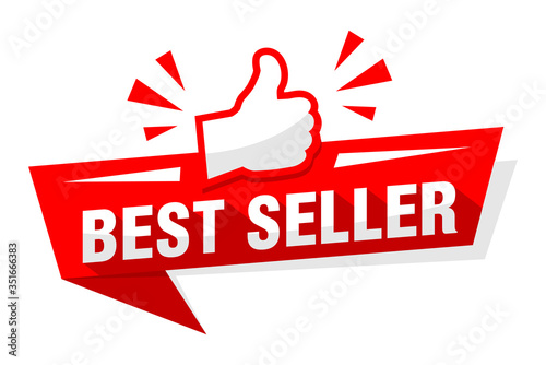 Advertising sticker best seller with red thumb up. Illustration, vector
