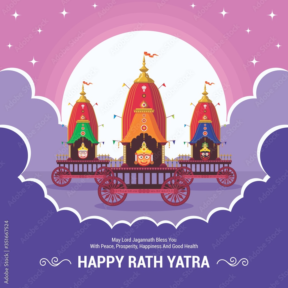 Rath Yatra festival. Happy Rath Yatra holiday background celebration for Lord Jagannath, Balabhadra and Subhadra. 
Lord Jagannath Puri Odisha God Rathyatra Festival. Vector illustration.