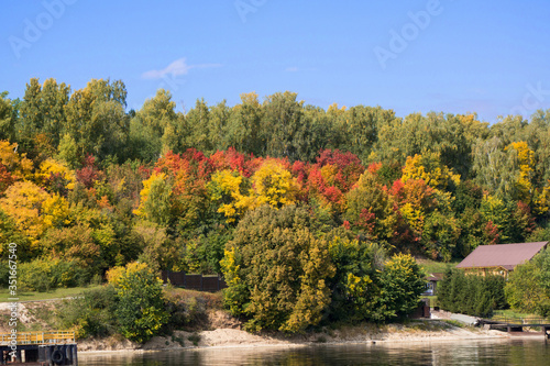 Multicolored Autumn forest covering coastline of village near river Volga. Foliage contains all the possible forest colors: green, orange, yellow, red & some others