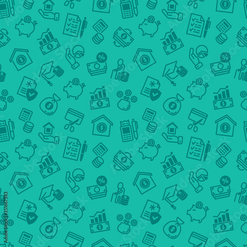 Financial success seamless pattern: track expenses, budget, emergency fund, credit card, home ownership, invest, retire, financial hygiene, health insurance. Thin line icons. Vector illustration.