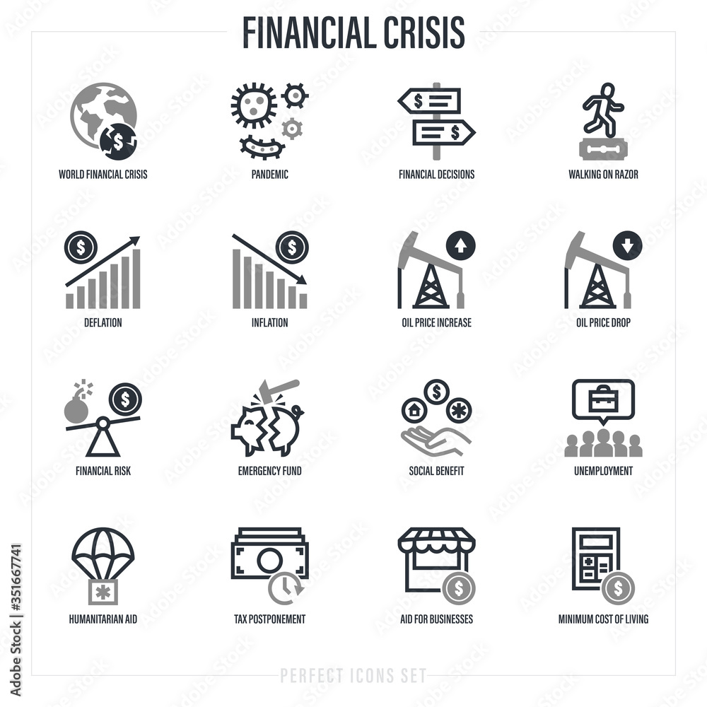 Obraz premium Financial crisis after pandemic. Dollar inflation, deflation, oil price, walking on razor, emergency funds, unemployment, social benefit, humanitarian aid. Thin line icons set. Vector illustration.