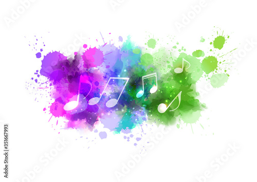 Music notes on colorful abstract watercolor background. Purple, green and blue colored grunge painted splash