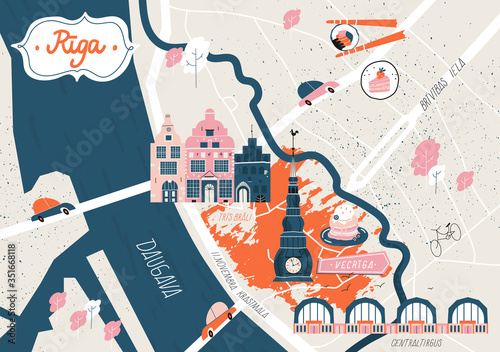 Illustrated map of Riga, Latvia. Modern hand-drawn stylized map of a Baltic country capital. Old Riga historical town and buildings. Daugava river and variety of popular touristic places. Trendy map.