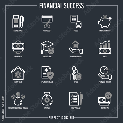 Financial success set: track expenses, budget, emergency fund, credit card, home ownership, invest, fund college, retire, financial hygiene, health insurance. Thin line icons. Vector illustration.