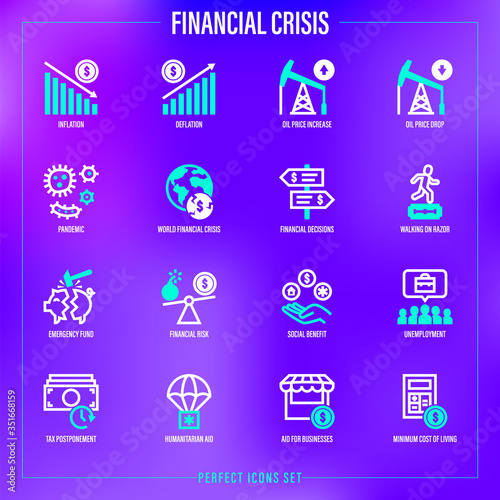 Financial crisis after pandemic.  Dollar inflation, deflation, oil price, walking on razor, emergency funds, unemployment, social benefit, humanitarian aid. Thin line icons set. Vector illustration.