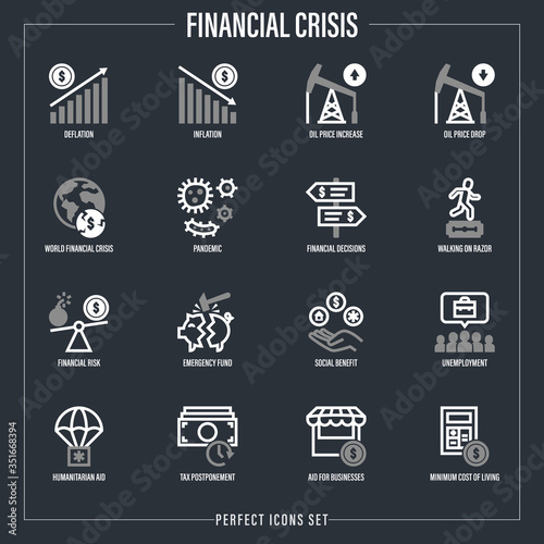 Financial crisis after pandemic.  Dollar inflation, deflation, oil price, walking on razor, emergency funds, unemployment, social benefit, humanitarian aid. Thin line icons set. Vector illustration.