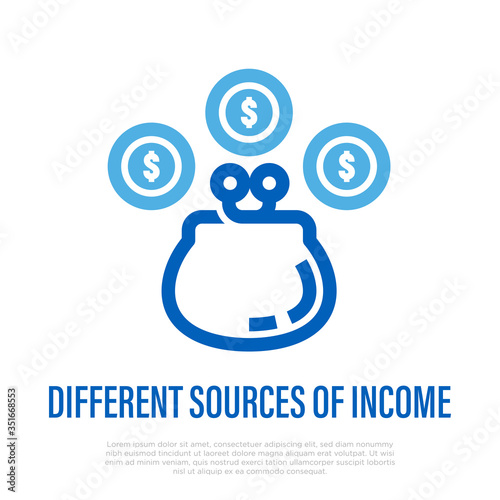 Different sources of income: purse with dollar coins. Thin line icon. Vector illustration.