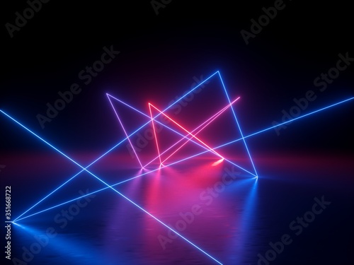 3d abstract neon light background, chaotic trajectory path glowing in ultraviolet spectrum, beam, violet blue red laser rays