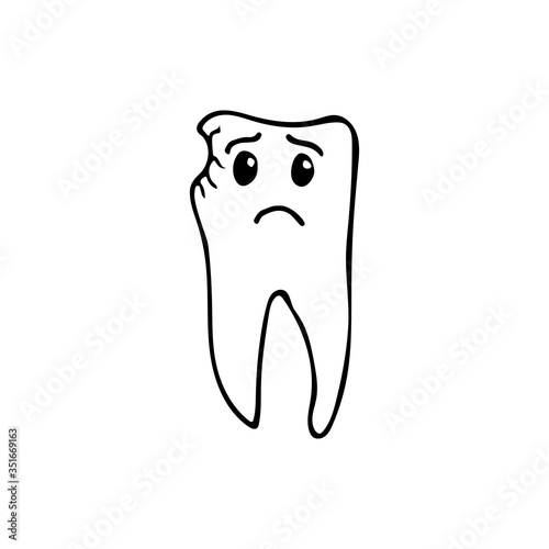 Doodle tooth with caries. Hand drawn tooth with caries. Unhappy  tooth icon with caries. Doodle stomatology icon
