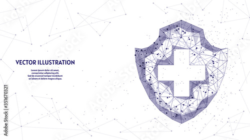 Shield medicine. Protection against the virus, the fight against coronavirus COVID-19. Vaccines, antibiotics, medicine, medical innovative technology. 3d low poly wireframe vector illustration.