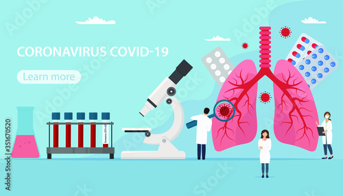 Concept of coronavirus covid-19. Small characters doctors do research lungs. Vector illustration in flat style for website, landing page