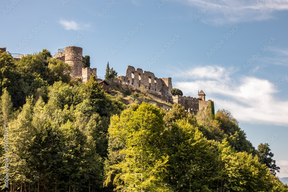 View of an old castle ruin in front of a forest and mountain background with blue sky