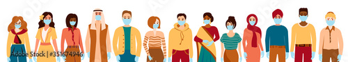 Multiracial men and women in protective masks and gloves. Diverse group of multiethnic people. Multicultural people wearing face mask during epidemic, quarantine. Vector illustration isolated on white