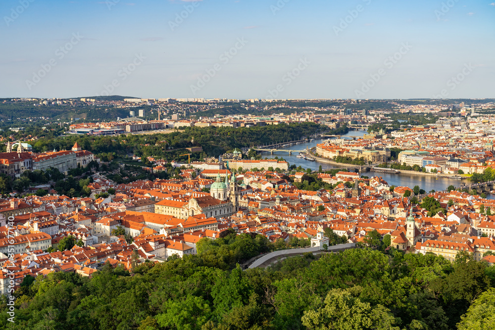 Aerial view of Prague Czech Republic from Petrin Hill observation Tower.