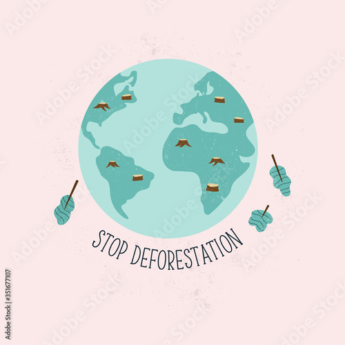 Stop deforestation concept design with globe and cutted trees