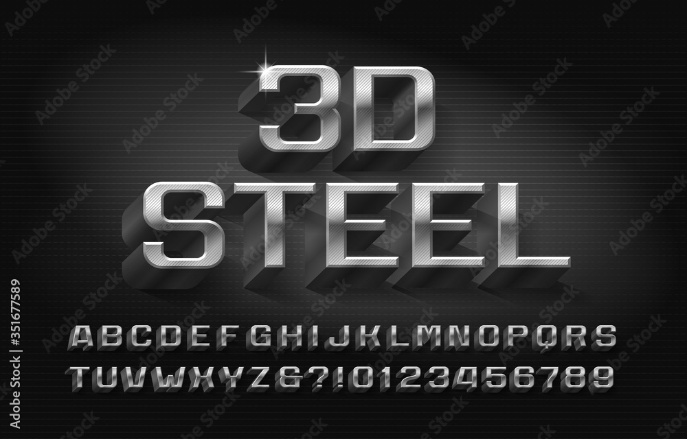 3d Steel alphabet font. Metallic letters and numbers with shadow. Stock vector typescript for your typography design.