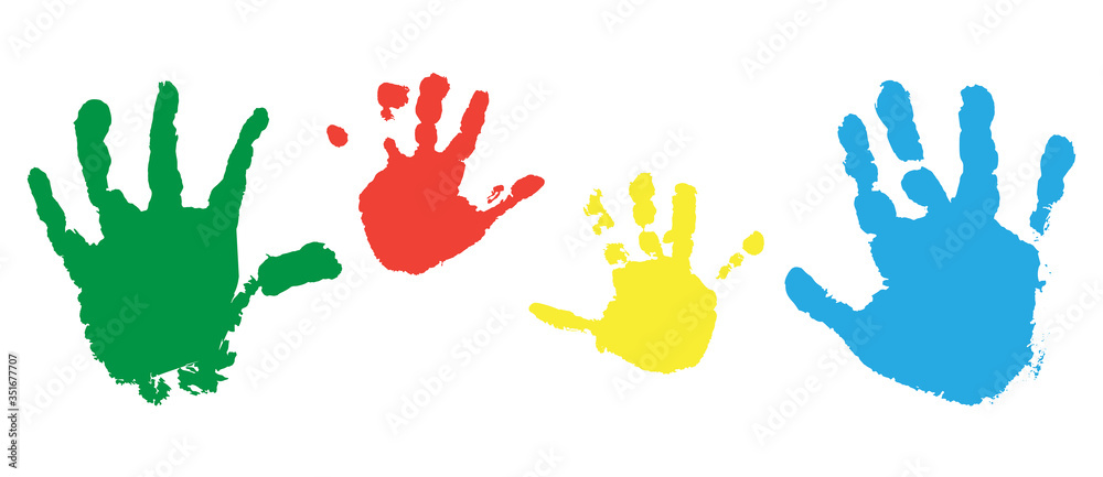 Fototapeta premium Print of child hands, set of colorful palms of hands. Vector illustration.