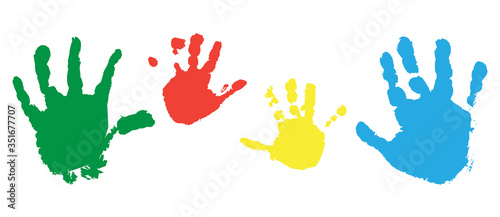 Print of child hands, set of colorful palms of hands. Vector illustration.