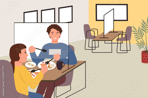 A man and woman eating on table. Concept social distancing in restaurant.New normal lifestyle food and drink cafe.Vector illustration, Flat design.