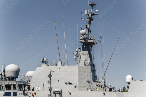 View of the main mast in a maritime action ship. Aerial and surface discovery radar. Navigation Radar, Fire Direction Radar, Optronic Fire Direction.