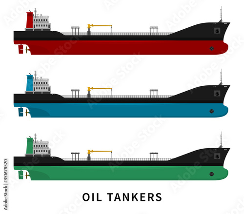 Flat vector illustration set isolated of cargo ship with fuel and petroleum transport import export industry. Nautical vessel in the ocean. Black red green blue oil tanker isolated on white background