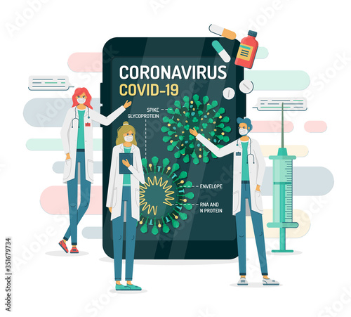 Flat vector illustration of doctors in masks show coronavirus internal structure on a smartphone or tablet. COVID-19 has Spikes, Envelope, RNA and N protein. There are pills, syringe around. photo