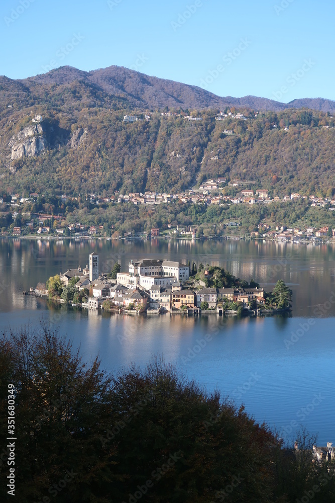 Island in the middle of the Orta Lake in northern Italy