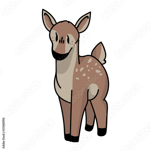 Cute forest doe deer vector illustration. Buck deer with antlers. Childlish hand drawn doodle style. For game animal decor, boho kids fashion, trendy doodle woodland graphic design. 