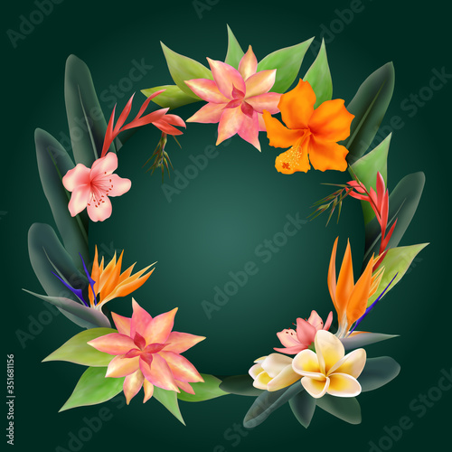Tropical flowers and green leaves round frame.