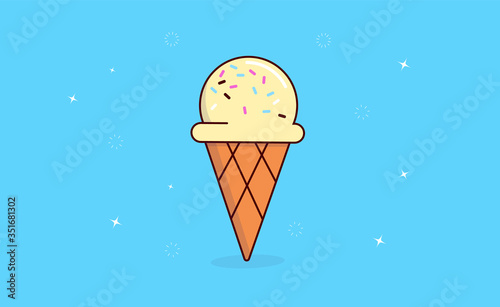 Ice cream vector - Illustration of a vanilla ice cream in cone with topping on blue background.