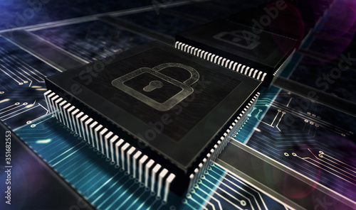 Cyber security abstract concept. Digital safety, computer protection technology. Futuristic production line abstract 3d rendering illustration. Processor factory with padlock symbol laser burning.