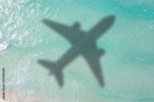 Symbolic picture vacation travel traveling sea airplane flying Seychelles aerial photo