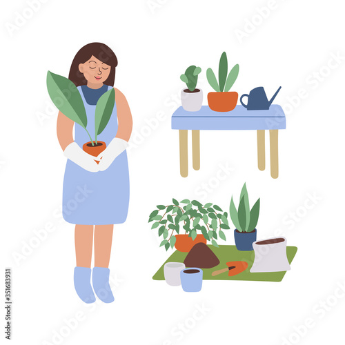 Young woman horticulture hobby. Girl caring of houseplant flowers vector illustration