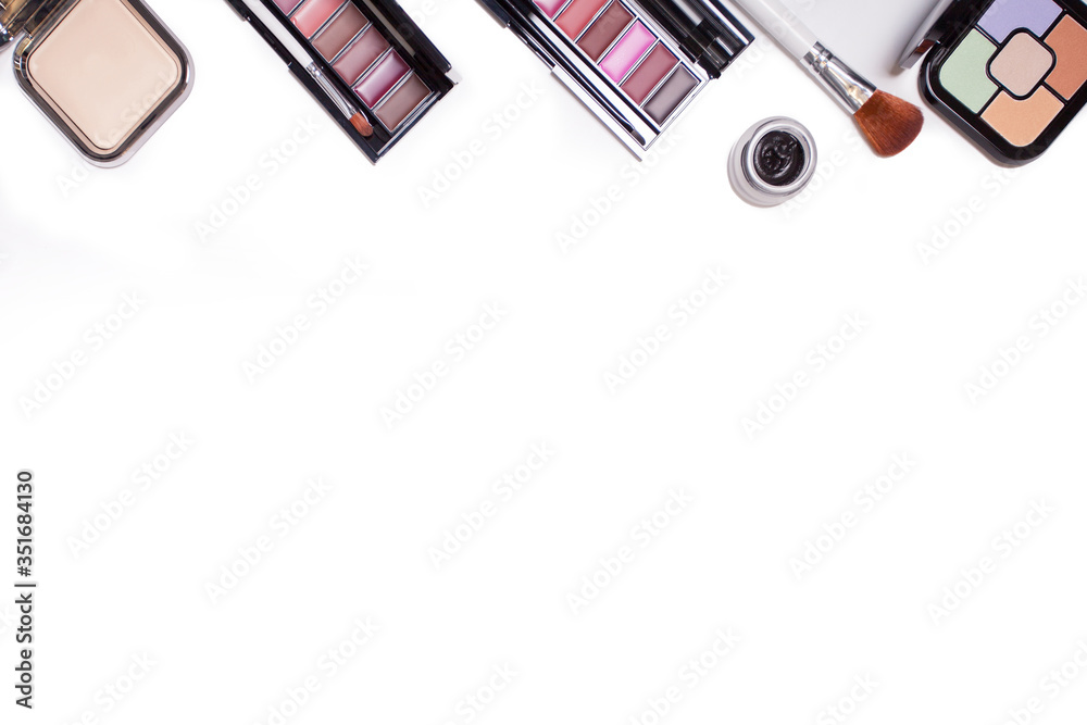 Woman make up products and accessories on white background.professional decorative cosmetics, makeup tools