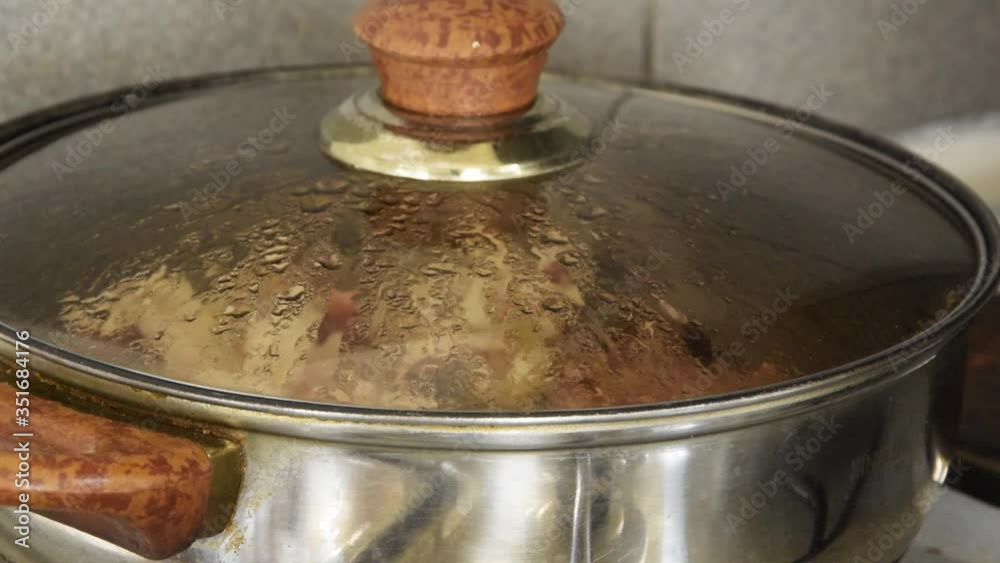 Cooking meal. Close up of a pan with food on the stove Cooking meal. Close up of a pan with food on the stove