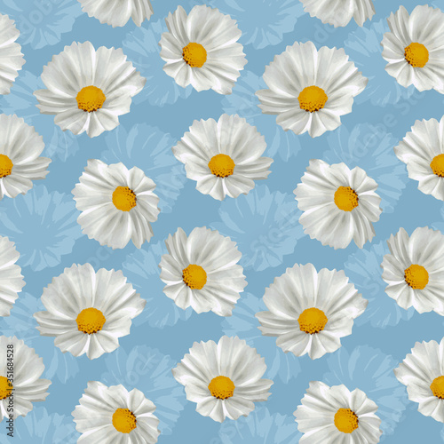 Seamless white flowers pattern. pastel blue background