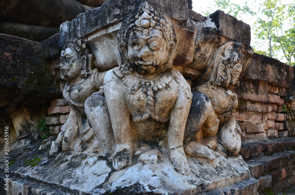 Beautiful sculptures at the ancient temple Wat Mahathat in the historical park of Sukhothai
