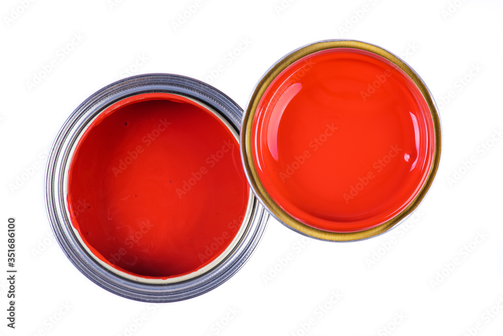 Opened paint can with lid top view isolated on white background