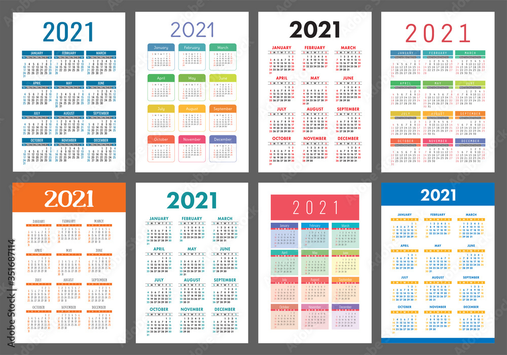 Calendar 2021 year set. Vector pocket or wall calender template collection. Simple design. Week starts on Sunday Calendar 2021 year set. Vector pocket or wall calender template collection. Simple design. Week starts on Sunday