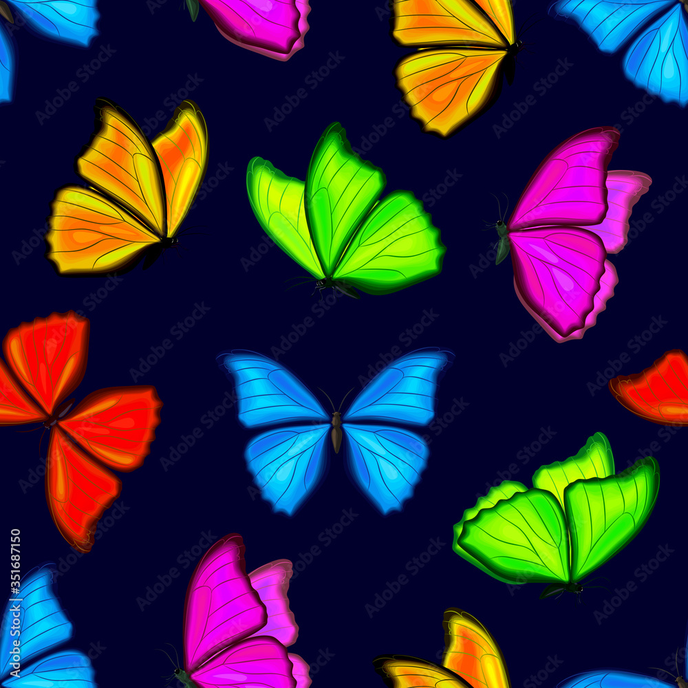 multicolor morpho butterflies fly. Seamless pattern. Summer background. Texture for fabric, wrapping, wallpaper. Decorative print.
