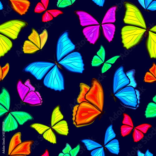 multicolor morpho butterflies fly. Seamless pattern. Summer background. Texture for fabric  wrapping  wallpaper. Decorative print.