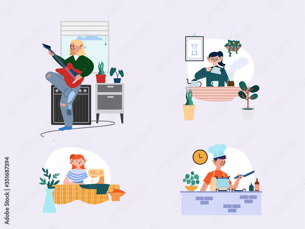 Stay at home and work from home in quarantine concept. People sitting at their home, room and apartment, playing guitar, listening to music, making a coffee, sewing on a machine and cooking.