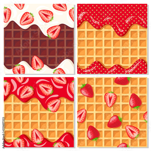 Set of sweet food cards. Vanilla and strawberry ice cream glaze on waffle. Seamless pattern.Texture for fabric, wrapping, wallpaper. Decorative print. 