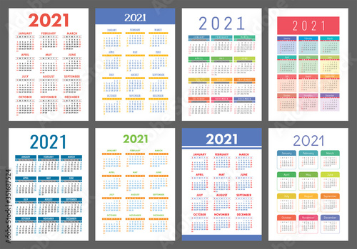 Calendar 2021 year set. Vector pocket or wall calender template collection. Simple design. Week starts on Sunday. 